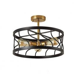 16.5 in. 3-Light Black and Gold Metal Semi-Flush Mount with Cage Shape by YANSUN