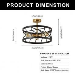 16.5 in. 3-Light Black and Gold Metal Semi-Flush Mount with Cage Shape by YANSUN -YANSUN Shop black and gold yansun flush mount lights h cl011 c3 1000