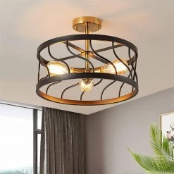 16.5 in. 3-Light Black and Gold Metal Semi-Flush Mount with Cage Shape by YANSUN -YANSUN Shop black and gold yansun flush mount lights h cl011n1 4f 1000
