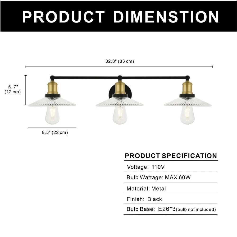 27.56 in. 3-Light Black and Gold Wall Sconce with Clear Glass Shade by YANSUN 6 27.56 in. 3-Light Black and Gold Wall Sconce with Clear Glass Shade by YANSUN - Image 4