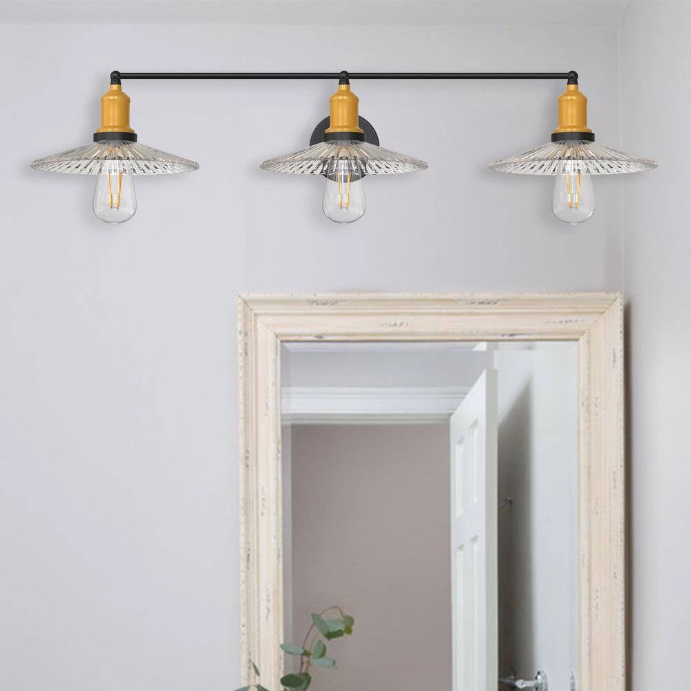 27.56 in. 3-Light Black and Gold Wall Sconce with Clear Glass Shade by YANSUN 4 27.56 in. 3-Light Black and Gold Wall Sconce with Clear Glass Shade by YANSUN - Image 2