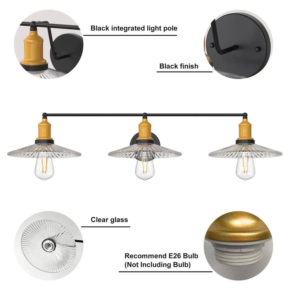 27.56 in. 3-Light Black and Gold Wall Sconce with Clear Glass Shade by YANSUN 9 27.56 in. 3-Light Black and Gold Wall Sconce with Clear Glass Shade by YANSUN - Image 7