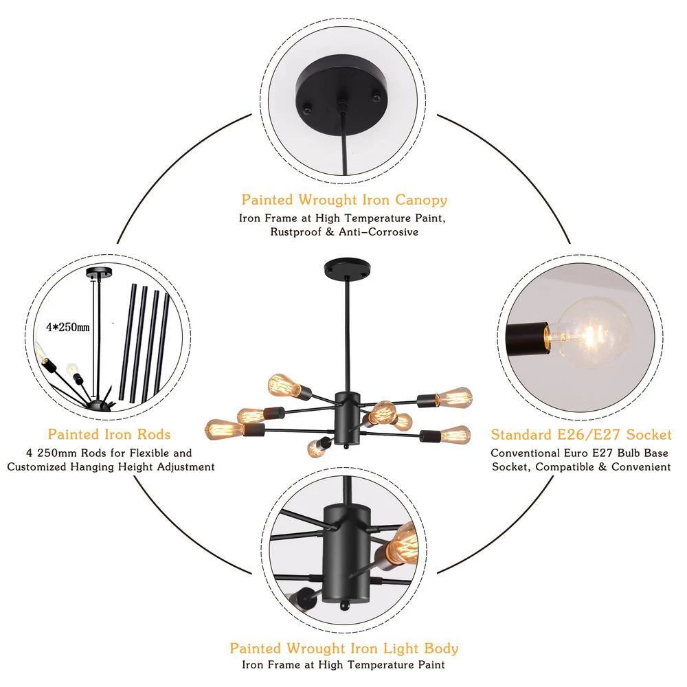 8-Light Vintage Black Unique Modern Linear Chandelier Pendant (2-Pack) by YANSUN 7 8-Light Vintage Black Unique Modern Linear Chandelier Pendant (2-Pack) by YANSUN - Image 5