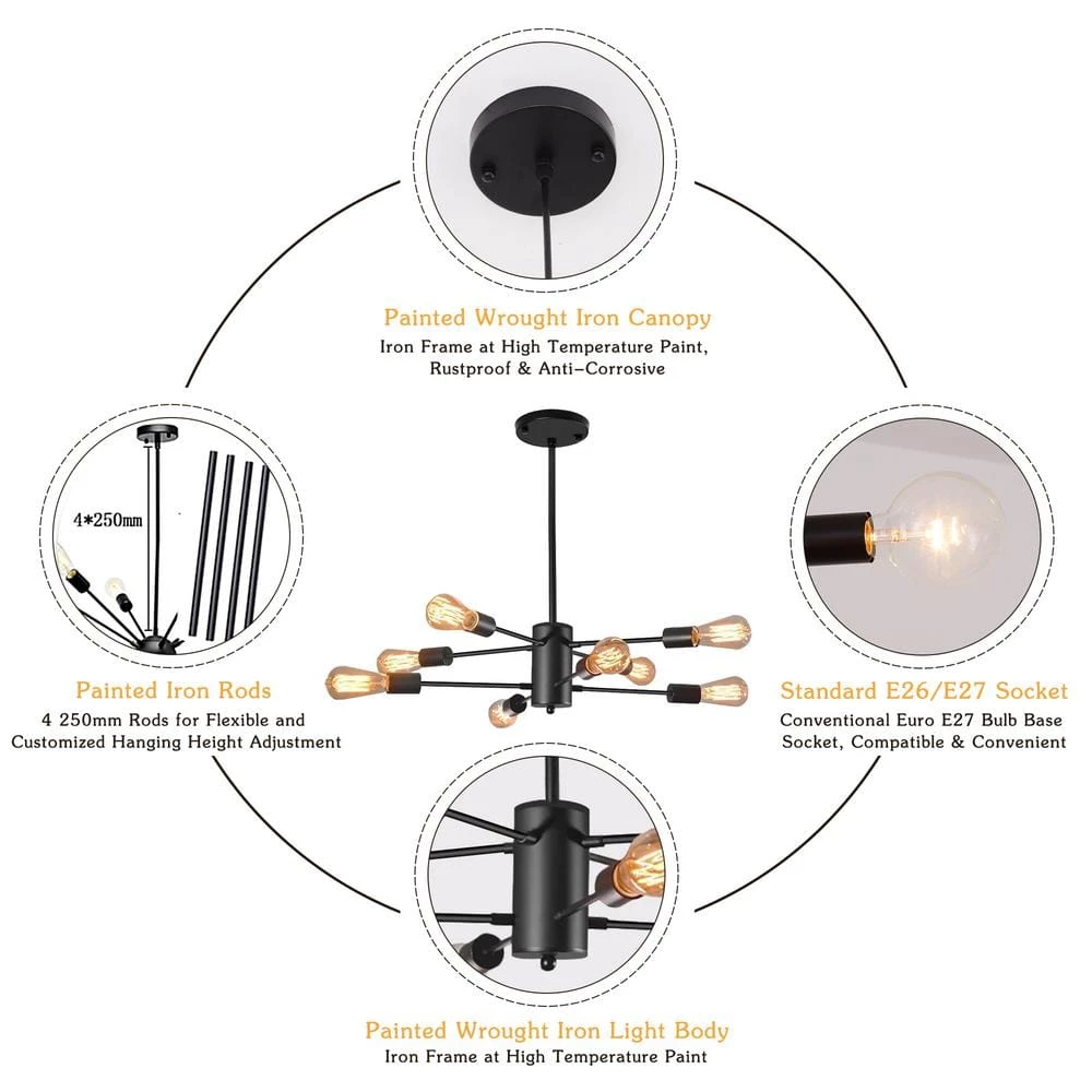 8-Light Modern Black Sputnik Bedroom Chandelier, Dining Room Island Pendant Light with 2-Tiers by YANSUN 5 8-Light Modern Black Sputnik Bedroom Chandelier, Dining Room Island Pendant Light with 2-Tiers by YANSUN - Image 4