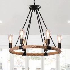 6-Light Black Vintage Hemp Rope Wheel Chandelier by YANSUN -YANSUN Shop black yansun chandeliers h dz011 1f 1000