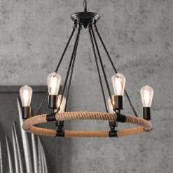 6-Light Black Vintage Hemp Rope Wheel Chandelier by YANSUN