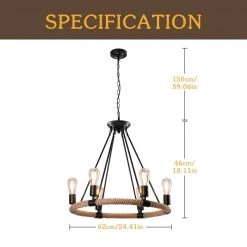 6-Light Black Vintage Hemp Rope Wheel Chandelier by YANSUN -YANSUN Shop black yansun chandeliers h dz011 c3 1000