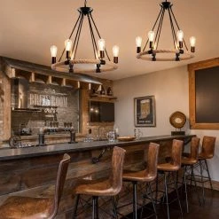 6-Light Black Vintage Hemp Rope Wheel Chandelier by YANSUN -YANSUN Shop black yansun chandeliers h dz011 fa 1000