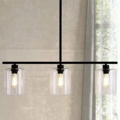 3-Light Matte Black Island Pendant with Clear Glass Shades by YANSUN