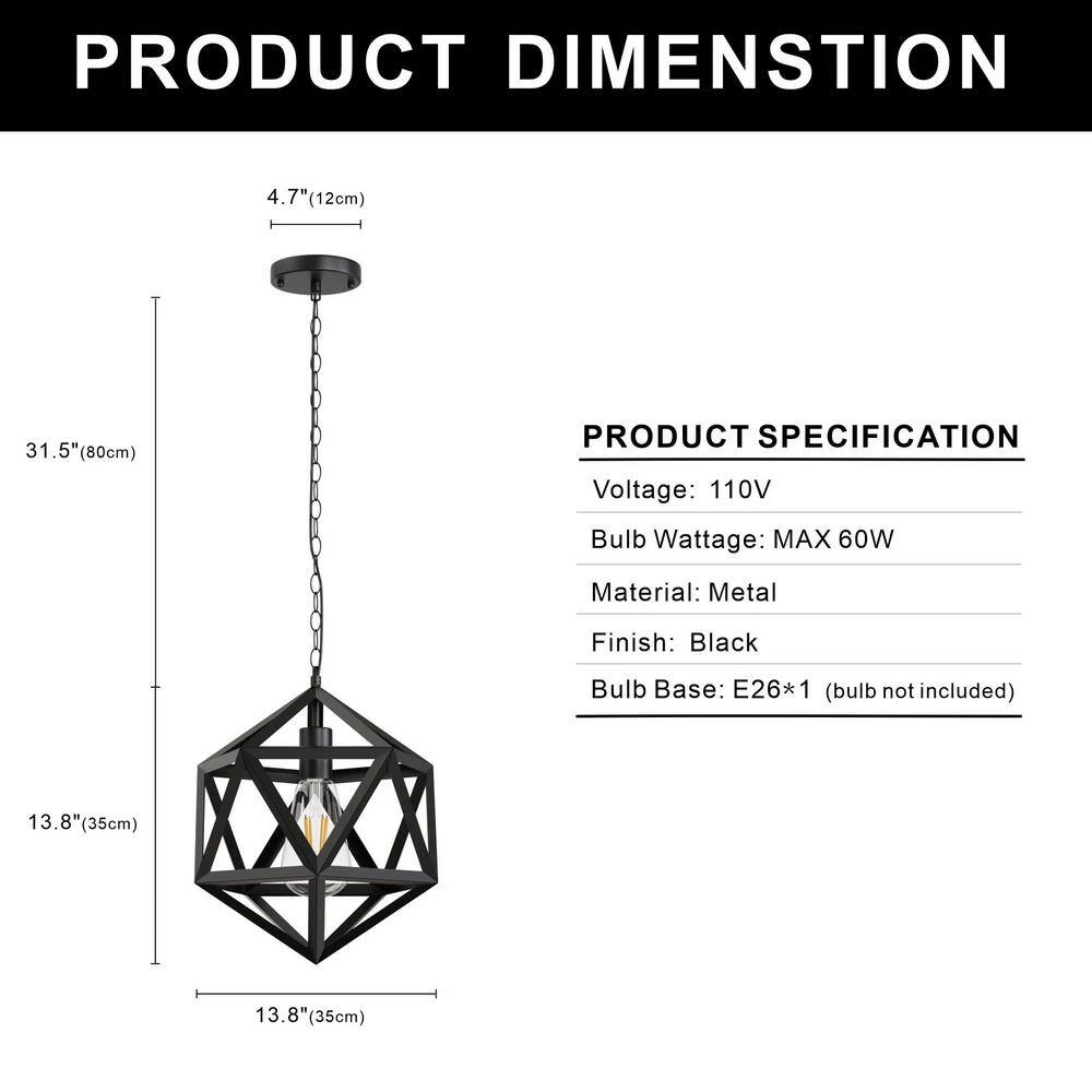 14.96 in. 1-Light Matte Black Iron Geometric Cage Pendant by YANSUN 7 14.96 in. 1-Light Matte Black Iron Geometric Cage Pendant by YANSUN - Image 5