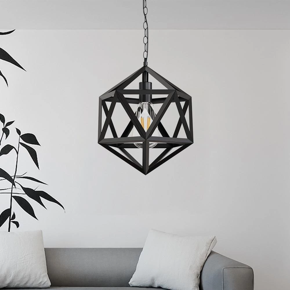 14.96 in. 1-Light Matte Black Iron Geometric Cage Pendant by YANSUN 3 14.96 in. 1-Light Matte Black Iron Geometric Cage Pendant by YANSUN