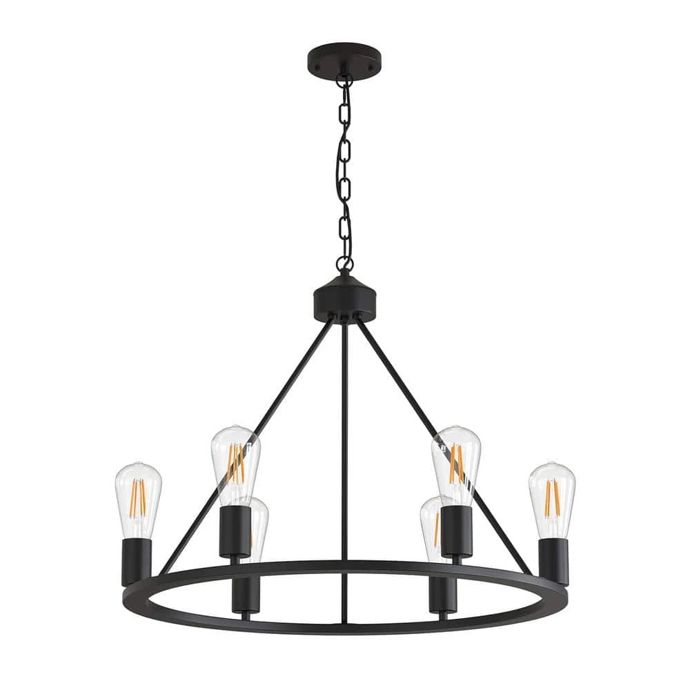 27.95 in. 6-Light Black Modern Wagon Wheel Chandelier by YANSUN 3 27.95 in. 6-Light Black Modern Wagon Wheel Chandelier by YANSUN