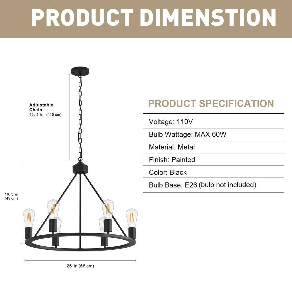 27.95 in. 6-Light Black Modern Wagon Wheel Chandelier by YANSUN 7 27.95 in. 6-Light Black Modern Wagon Wheel Chandelier by YANSUN - Image 5