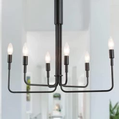 25 in. 6-Light Matte Black Modern Minimalist Hanging Candlestick Chandelier by YANSUN