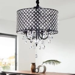 16.93 in. 4-Light Black Contemporary Drum Chandelier with Clear K9 Round Crystal Shade by YANSUN