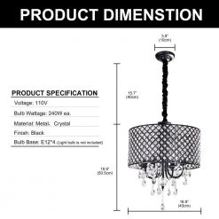 16.93 in. 4-Light Black Contemporary Drum Chandelier with Clear K9 Round Crystal Shade by YANSUN -YANSUN Shop black yansun chandeliers h dz056b c3 1000