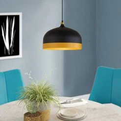9.06 in. 1-Light Black Gold Ribbed Pendant with Metal Shaded, Minimalist Style by YANSUN -YANSUN Shop black yansun chandeliers h dz068 44 1000