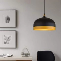 9.06 in. 1-Light Black Gold Ribbed Pendant with Metal Shaded, Minimalist Style by YANSUN
