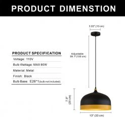 9.06 in. 1-Light Black Gold Ribbed Pendant with Metal Shaded, Minimalist Style by YANSUN -YANSUN Shop black yansun chandeliers h dz068 c3 1000