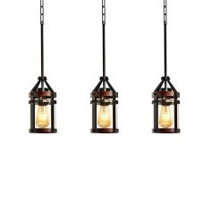 13.39 in. 1-Light Black Farmhouse Island Pendant Hanging Light with Wood Grain and Glass Shade (3-Pack) by YANSUN