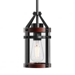 13.39 in.1-Light Black Farmhouse Island Pendant Hanging Light with Wood Grain and Glass Shade by YANSUN