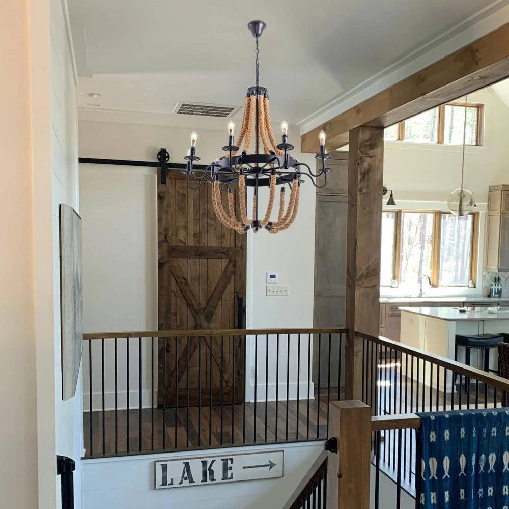 20 in. 8-Light Vintage Black Hemp Rope Wagon Wheel Chandelier by YANSUN 6 20 in. 8-Light Vintage Black Hemp Rope Wagon Wheel Chandelier by YANSUN - Image 4