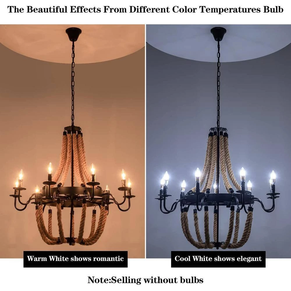 20 in. 8-Light Vintage Black Hemp Rope Wagon Wheel Chandelier by YANSUN 7 20 in. 8-Light Vintage Black Hemp Rope Wagon Wheel Chandelier by YANSUN - Image 5