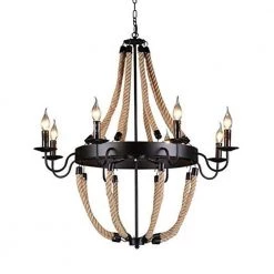 20 in. 8-Light Vintage Black Hemp Rope Wagon Wheel Chandelier by YANSUN