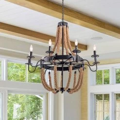 20 in. 8-Light Vintage Black Hemp Rope Wagon Wheel Chandelier by YANSUN 15 20 in. 8-Light Vintage Black Hemp Rope Wagon Wheel Chandelier by YANSUN -YANSUN Shop black yansun chandeliers h dz080 76 1000