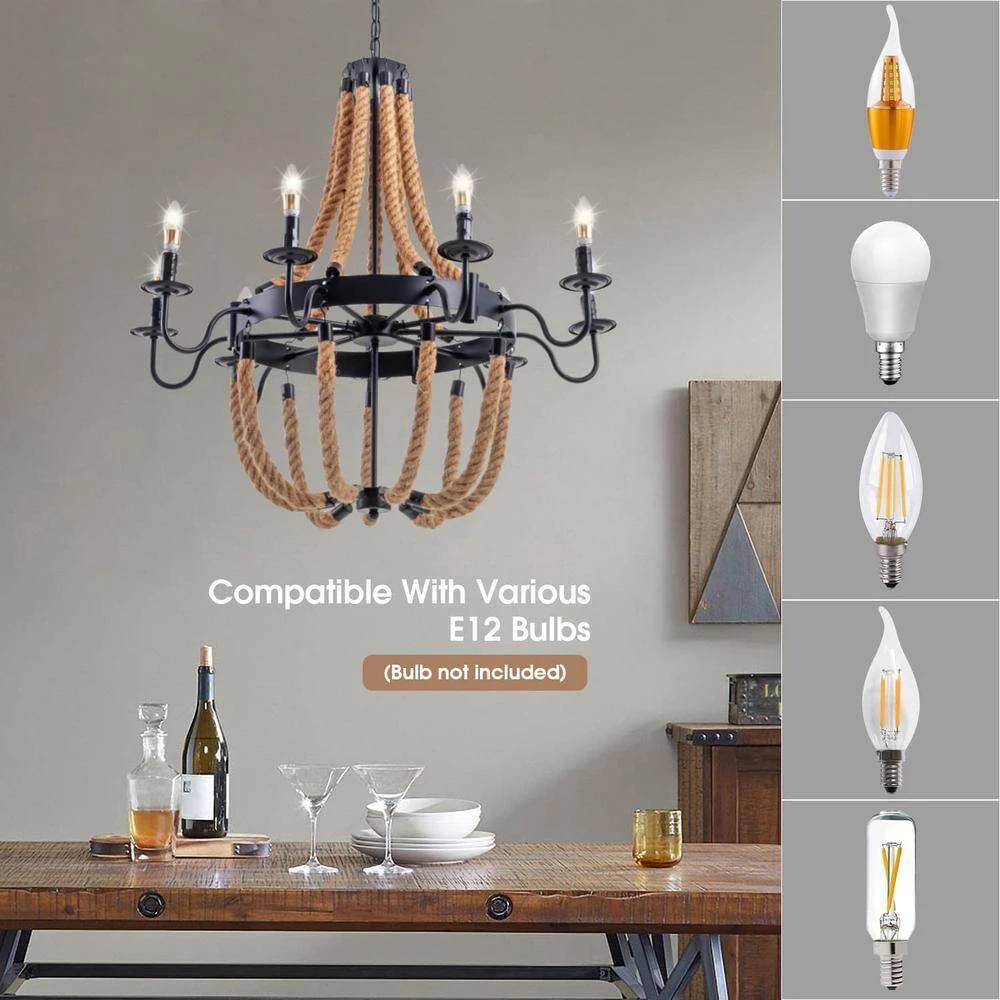 20 in. 8-Light Vintage Black Hemp Rope Wagon Wheel Chandelier by YANSUN 5 20 in. 8-Light Vintage Black Hemp Rope Wagon Wheel Chandelier by YANSUN - Image 3