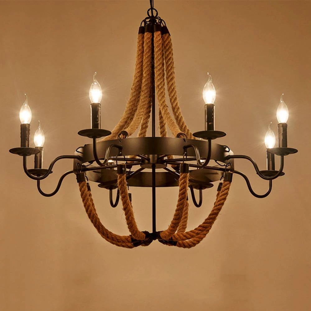 20 in. 8-Light Vintage Black Hemp Rope Wagon Wheel Chandelier by YANSUN 4 20 in. 8-Light Vintage Black Hemp Rope Wagon Wheel Chandelier by YANSUN - Image 2