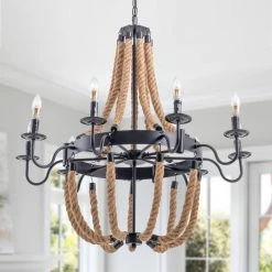 20 in. 8-Light Vintage Black Hemp Rope Wagon Wheel Chandelier by YANSUN -YANSUN Shop black yansun chandeliers h dz080n1 4f 1000