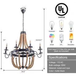 20 in. 8-Light Vintage Black Hemp Rope Wagon Wheel Chandelier by YANSUN -YANSUN Shop black yansun chandeliers h dz080n1 fa 1000