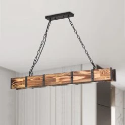 4-Light Kitchen Island-Linear LED Pendant with Wood Accents (Bulbs Included) by YANSUN