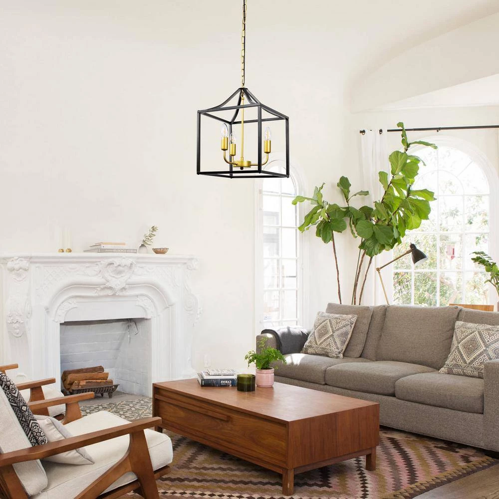 3-Light Black Lantern Caged Metal Pendant with Gold Candle Sleeves by YANSUN 8 3-Light Black Lantern Caged Metal Pendant with Gold Candle Sleeves by YANSUN - Image 6