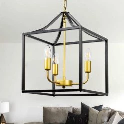 3-Light Black Lantern Caged Metal Pendant with Gold Candle Sleeves by YANSUN 17 3-Light Black Lantern Caged Metal Pendant with Gold Candle Sleeves by YANSUN -YANSUN Shop black yansun chandeliers h dz092 76 1000
