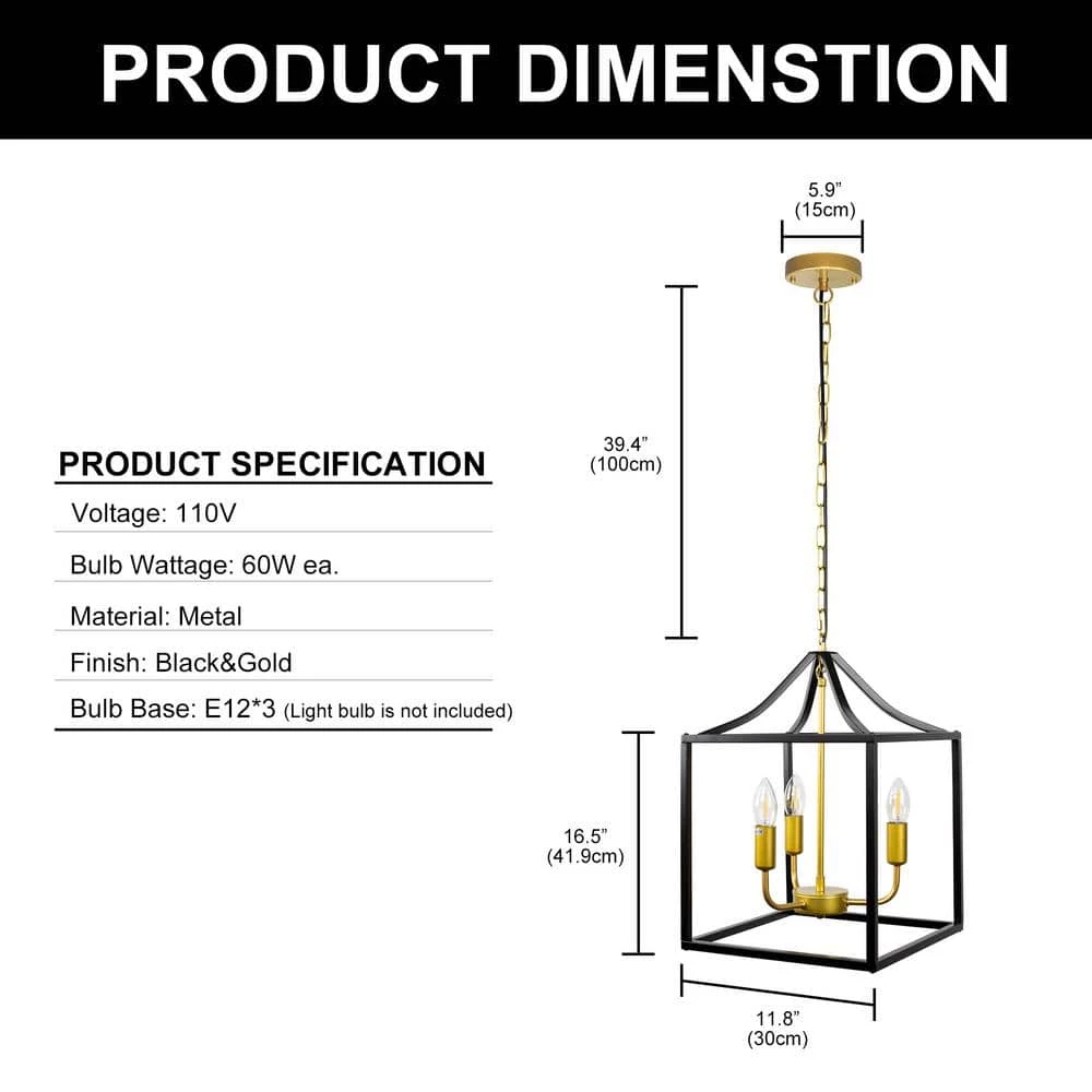 3-Light Black Lantern Caged Metal Pendant with Gold Candle Sleeves by YANSUN 5 3-Light Black Lantern Caged Metal Pendant with Gold Candle Sleeves by YANSUN - Image 3