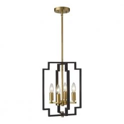 4-Light Black Island Geometric Kitchen Pendant Light with Gold Socket and Cage Shade by YANSUN