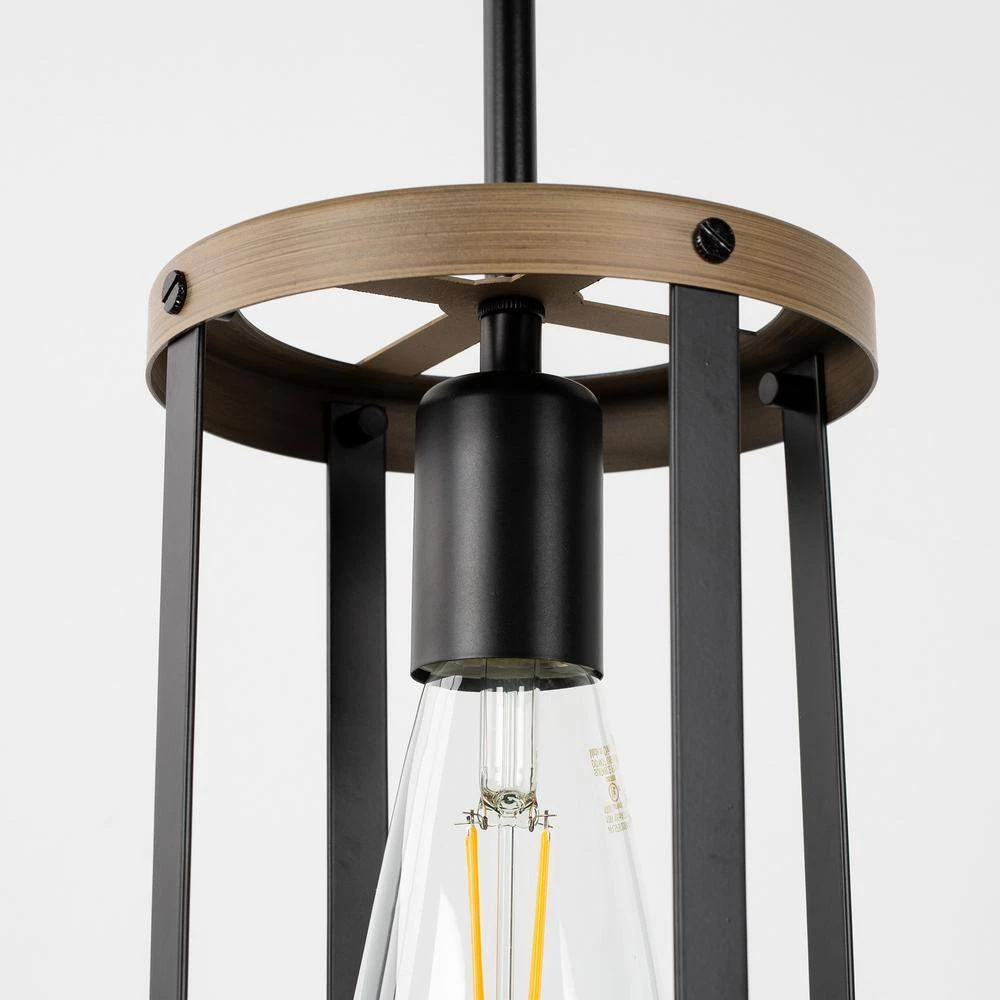 1-Light Matte Black and Barnwood Accents Lantern Cage Kitchen Island Pendant Light with Cylinder Metal Shade by YANSUN 7 1-Light Matte Black and Barnwood Accents Lantern Cage Kitchen Island Pendant Light with Cylinder Metal Shade by YANSUN - Image 5
