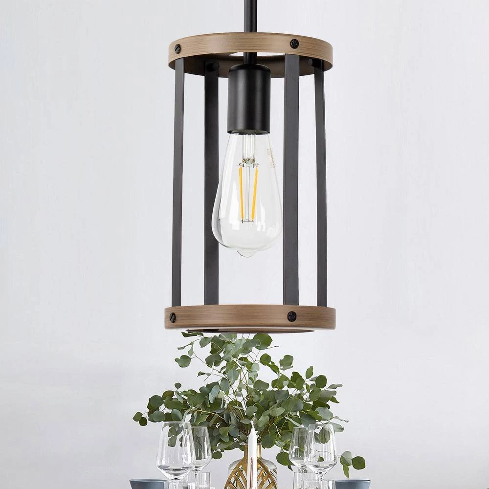 1-Light Matte Black and Barnwood Accents Lantern Cage Kitchen Island Pendant Light with Cylinder Metal Shade by YANSUN 8 1-Light Matte Black and Barnwood Accents Lantern Cage Kitchen Island Pendant Light with Cylinder Metal Shade by YANSUN - Image 6
