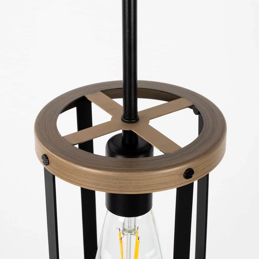 1-Light Matte Black and Barnwood Accents Lantern Cage Kitchen Island Pendant Light with Cylinder Metal Shade by YANSUN 6 1-Light Matte Black and Barnwood Accents Lantern Cage Kitchen Island Pendant Light with Cylinder Metal Shade by YANSUN - Image 4