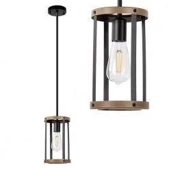 1-Light Matte Black and Barnwood Accents Lantern Cage Kitchen Island Pendant Light with Cylinder Metal Shade by YANSUN