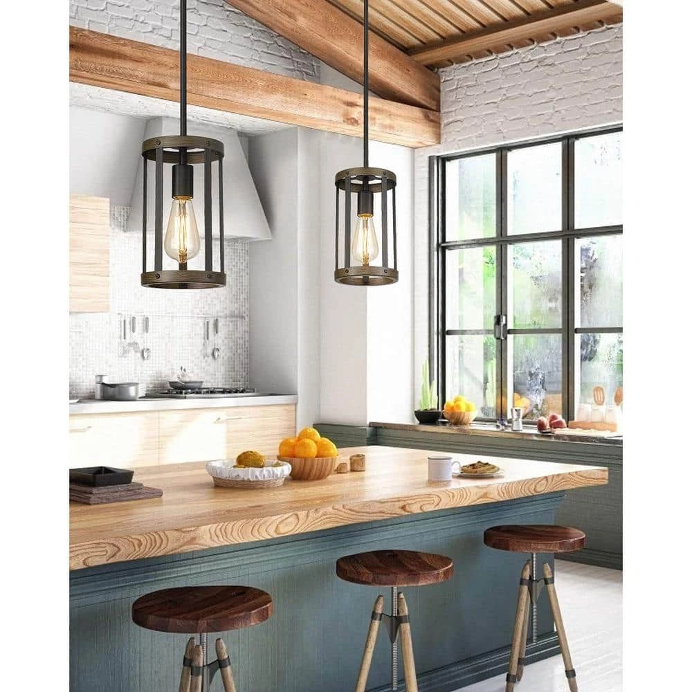 1-Light Matte Black and Barnwood Accents Lantern Cage Kitchen Island Pendant Light with Cylinder Metal Shade by YANSUN 4 1-Light Matte Black and Barnwood Accents Lantern Cage Kitchen Island Pendant Light with Cylinder Metal Shade by YANSUN - Image 2