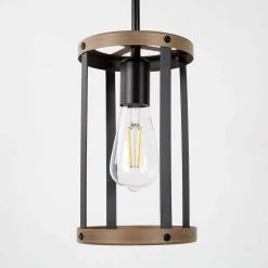 1-Light Matte Black Accents Lantern Cage Kitchen Island Pendant Light with Cylinder Metal Shade by YANSUN