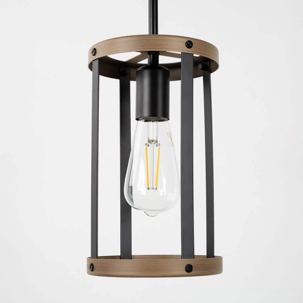 1-Light Matte Black Accents Lantern Cage Kitchen Island Pendant Light with Cylinder Metal Shade by YANSUN 2 1-Light Matte Black Accents Lantern Cage Kitchen Island Pendant Light with Cylinder Metal Shade by YANSUN