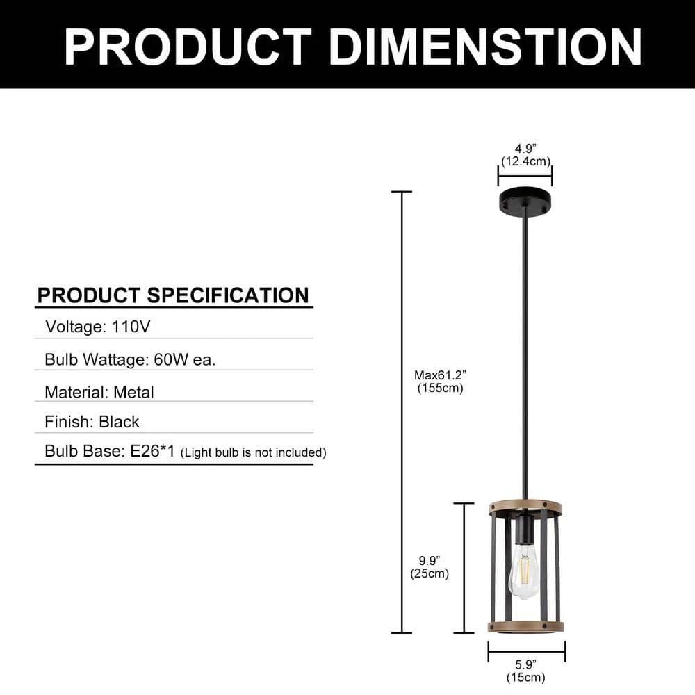 1-Light Matte Black Accents Lantern Cage Kitchen Island Pendant Light with Cylinder Metal Shade by YANSUN 4 1-Light Matte Black Accents Lantern Cage Kitchen Island Pendant Light with Cylinder Metal Shade by YANSUN - Image 3
