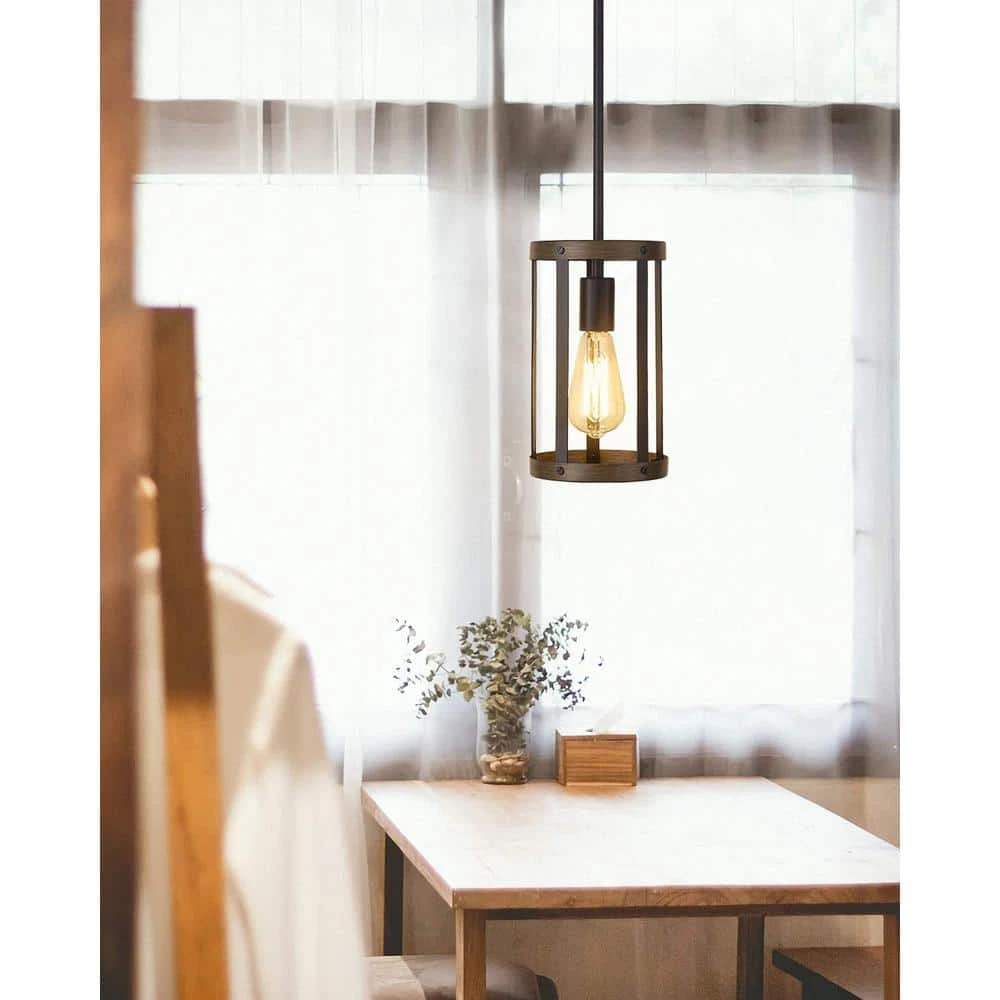 1-Light Matte Black Accents Lantern Cage Kitchen Island Pendant Light with Cylinder Metal Shade by YANSUN 3 1-Light Matte Black Accents Lantern Cage Kitchen Island Pendant Light with Cylinder Metal Shade by YANSUN - Image 2