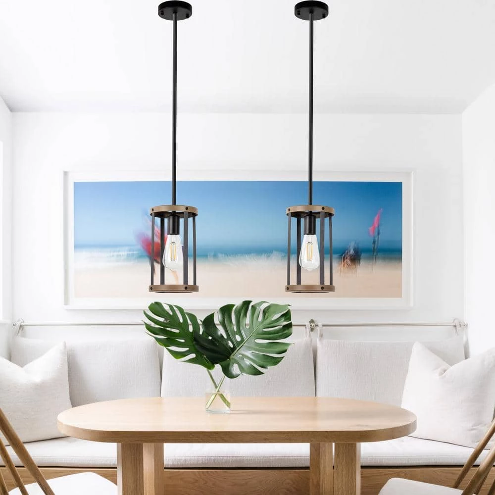 1-Light Matte Black Accents Lantern Cage Kitchen Island Pendant Light with Cylinder Metal Shade by YANSUN 8 1-Light Matte Black Accents Lantern Cage Kitchen Island Pendant Light with Cylinder Metal Shade by YANSUN - Image 7