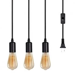 3-Light Black Plug-In Hanging Pendant with On/Off Switch by YANSUN