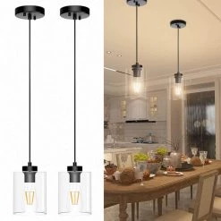1-Light Modern Matte Black Island Pendant Light with Clear Glass Shade (2-Pack) by YANSUN